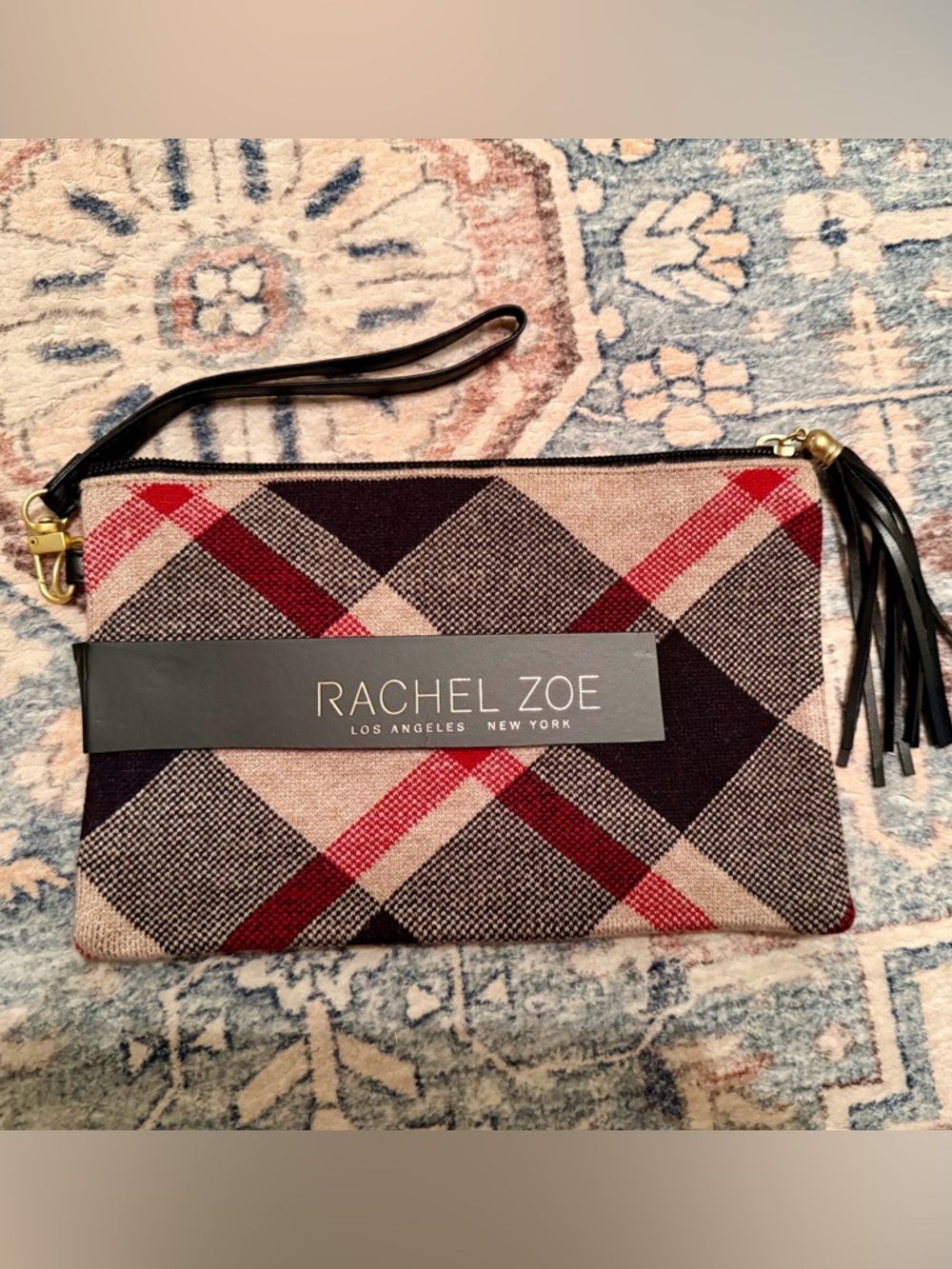 Rachel Zoe Plaid Wristlet Clutch with Black Tassel